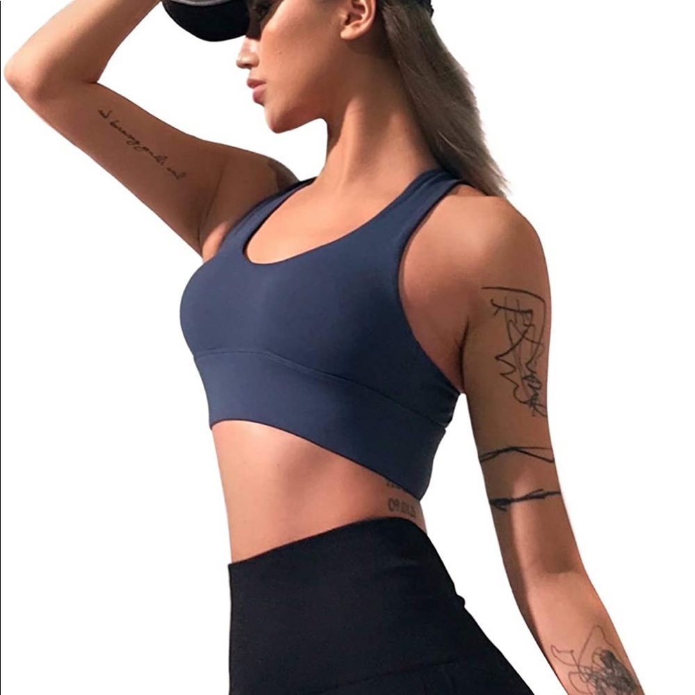 Strappy Women's Cross-Padded Adjustable Medium Impact Sports Bras Sz:S Navy Blue